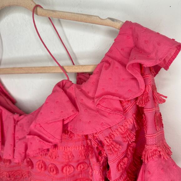 Alexis Calypso Ruffled Off Shoulder Rouge Coral Pink Embroidered Mini Dress XS - Picture 6 of 16